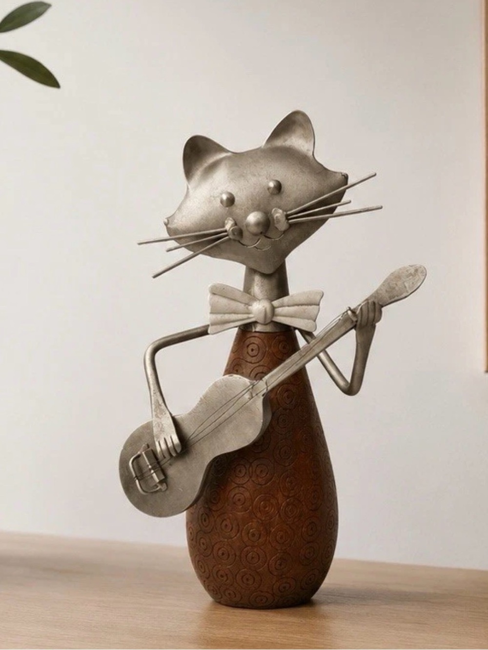 Vintage Metal Cat Guitar Figurine Sculpture Wood Body Folk Art Decor Original
